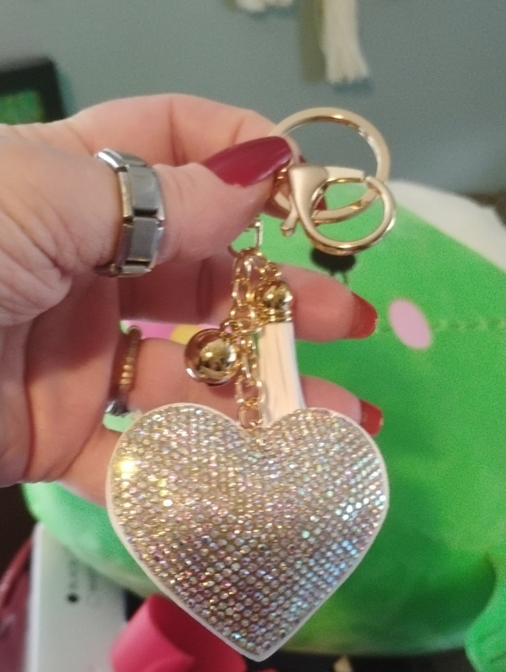 White Crystal Heart Bag Charm/Keychain - Women's Accessory